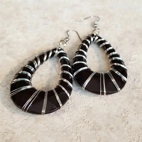 Hand Crafted Jewelry - Retro 80s Statement Black Lucite Open Teardrop Wire Wrapped Earrings